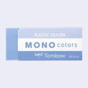 Blue eraser with paper sleeve that reads "mono colors plastic eraser"