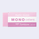 Pink eraser with paper sleeve that reads "mono colors plastic eraser"