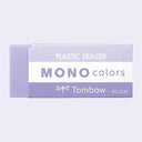 Purple eraser with paper sleeve that reads "mono colors plastic eraser"