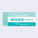 Teal eraser with paper sleeve that reads "mono colors plastic eraser"