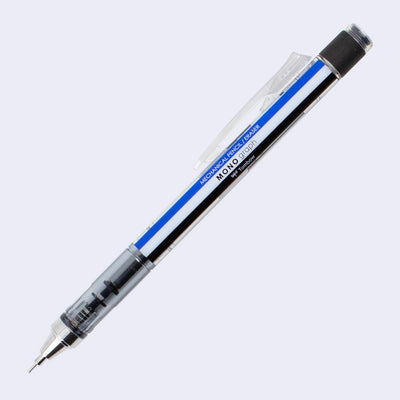 Mechanical pencil with a blue, white and black stripe going down the body of the pencil. 