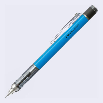 Blue mechanical pencil with transparent clip on a light gray background