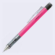 Pink mechanical pencil with silver and clear accents on a light gray background