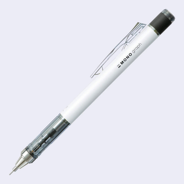 White mechanical pencil with black cap on a light gray background