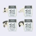 4 small off white planters with semi flat animal heads coming out of one side. Designs are: panda, polar bear, zebra and penguin.