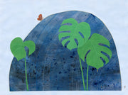 Collage style painting of a large rock on a solid blue background. Rock is dark blue with abstract subtle marbling. 3 large monstera leaves are in front of the rock, with a small orange butterfly atop it.