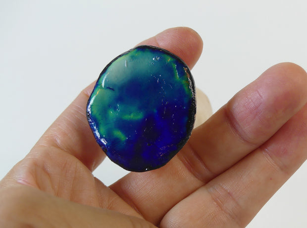Top view of mushroom with colorful blue and green.