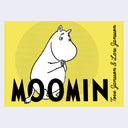Book cover for Moomin Adventure, all yellow with a black and white illustration of Tove Jansson's Moomin standing with his hands together.
