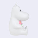 White Moomintroll character holding a pink flower on a light gray background