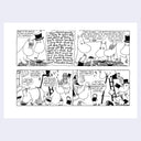 A 4-panel black and white cartoon strip by Tove Johnson, featuring Moomin characters in a house with furniture and a ladder. The panels contain handwritten-style text bubbles and dialogue.