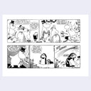 A black and white four-panel cartoon comic strip on a white background, featuring Moomin characters and speech bubbles in a humorous scene.