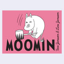 Horizontal rectangular book cover, pink with a white graphic of Moomin slamming down a large mallet. Text below reads "MOOMIN" in all caps.