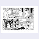 A black and white multi-panel comic strip featuring a round, blob-like character in a crowd, with speech bubbles and cartoon illustrations. The strip is centered on a light gray background.