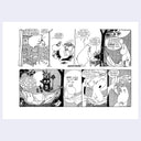 A black and white Moomin-themed comic strip print featuring multiple panels with Moomin characters and speech bubbles on a white page, centered on a light gray background.