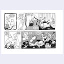 A black-and-white multi-panel cartoon comic strip page featuring Moomin characters and speech bubbles, shown on a white background with a light gray border.