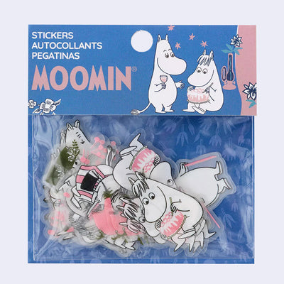 Moomin stickers in packaging with cartoon characters on a blue background