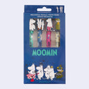 Pack of Moomin mechanical pencils in a blue box with cartoon characters on a white background