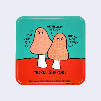 Two cartoon mushrooms with motivational text on a green and red background