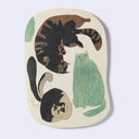 Rounded corner postcard with 3 cats on the front, in different poses and 3 cat heads peeking out on the back.