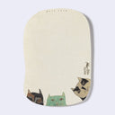 Rounded corner postcard with 3 cats on the front, in different poses and 3 cat heads peeking out on the back.