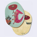 Rounded corner postcard, 2 to show front and back designs, of a pink crocodile holding a flower umbrella.