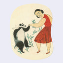 Illustration of a woman in a red dress interacting with a badger on a beige background