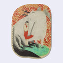 Card with illustration of a person cuddling up to a very large dragon, surrounded by decorative elements on a light gray background.