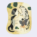 Illustration of a cat, fox, and fairy with butterfly wings on a beige background