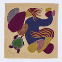 A square beige towel featuring an abstract landscape, stylized illustration in purple, navy blue, mustard yellow, and green, with a turtle in the lower corner.