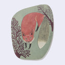 Rounded corner postcard with illustration of a fox with trees around it.