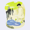 Illustration of a person standing by a pond with trees and a dog in the background