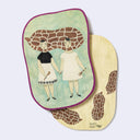 Rounded edge postcards with an illustration of 2 girls standing side by side, joined together by a large peanut shaped at that the both stick their head thru.
