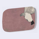 Rounded corner mauve postcard with an illustration of a flying pigeon.