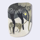 Rounded corner postcard with artwork of a tiger in a forest at night with a full moon. 