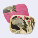 Rounded edge postcard with imagery of a turkey vulture looking towards several stemmed flowers.