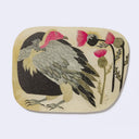 Rounded edge postcard with imagery of a turkey vulture looking towards several stemmed flowers.