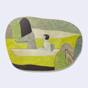 Rounded edge postcard with an illustration of a woman in a boat with a large wolf, surrounded by green water.
