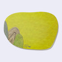 Rounded corner postcard with green background and line art mountains.