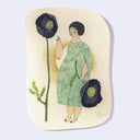 Artistic depiction of a woman holding flowers on a beige background
