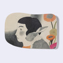 Rounded edge postcards with imagery on the front of an illustrated woman and a bunny with poppy flowers. Back is purple with poppy flowers.