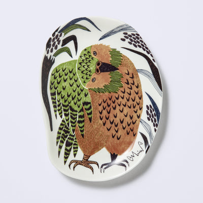 Decorative plate shaped like a slightly distorted oval with a kakapo design and plant elements, in muted tones of green, dark blue and brown.