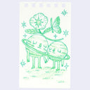 Illustration in green colored pencil of 2 anthropomorphic planets standing and holding hands, with a large flower and butterfly balanced over their head.