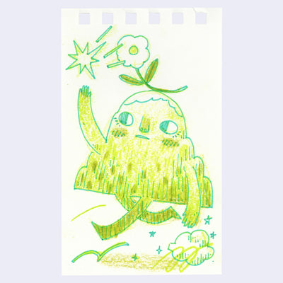 Colored pencil drawing on white paper of a green cartoon mountain, walking with a star and flower overhead.