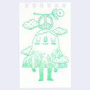 Illustration in green colored pencil of a mountain character, with a peace sign and a flower atop its head.