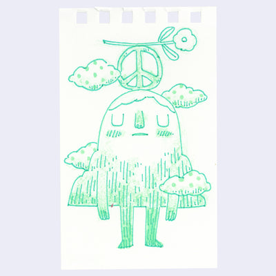 Illustration in green colored pencil of a mountain character, with a peace sign and a flower atop its head.