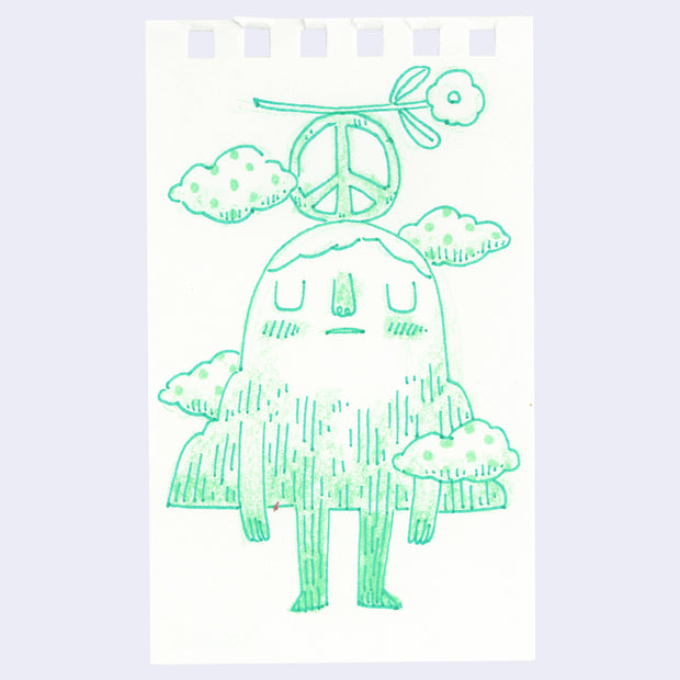 Illustration in green colored pencil of a mountain character, with a peace sign and a flower atop its head.