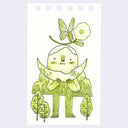 Illustration of a green mountain character, standing and taking a bite out of a crescent moon.