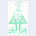 Green line art illustration of a mountain character taking a bite out of a flower.