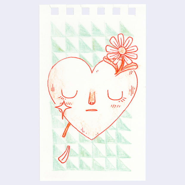 Illustration of a heart with a closed eye face and a flower going through it like an arrow.