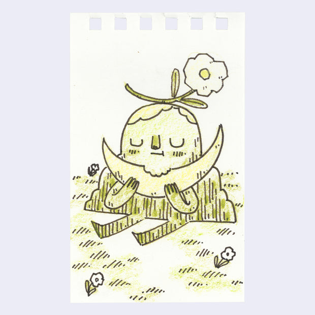 Illustration of a mountain character sitting and eating a crescent moon.